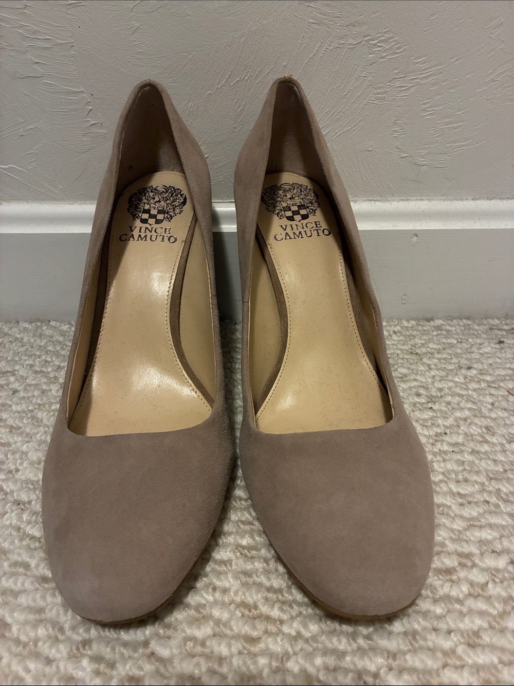 Vince Camuto Neutral Taupe Suede Almond Toe Pumps